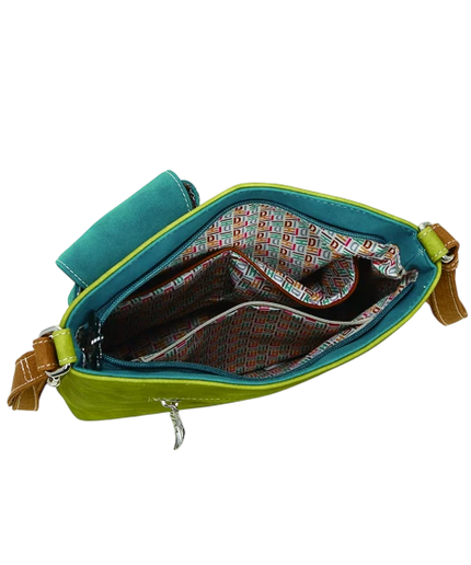 BOLSO HI-DI-HI "QUAK", VERDE/COGNAC/TURQUESA