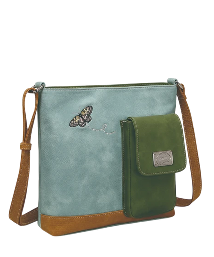 BOLSO HI-DI-HI "QUAK", AZUL/VERDE/COGNAC