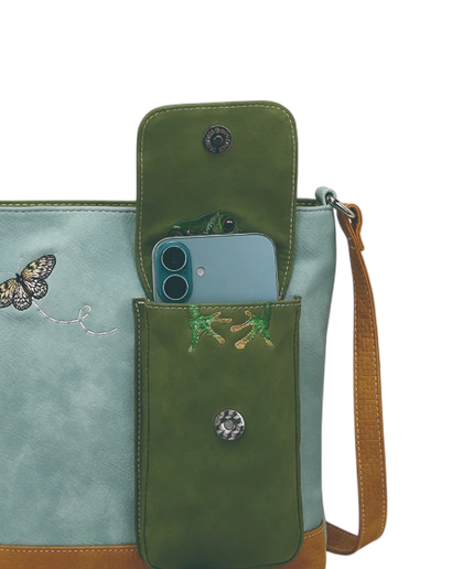 BOLSO HI-DI-HI "QUAK", AZUL/VERDE/COGNAC