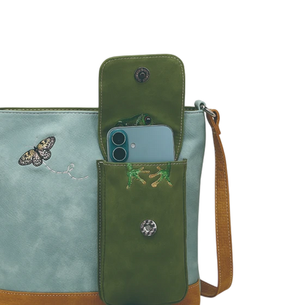 HI-DI-HI TAS "QUAK", BLAUW/ GROEN/ COGNAC