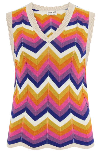 SUGAR HILL BRIGHTON GILET ROSY A MAGLIA MULTICOLOR, CHEVRON AL TRAMONTO