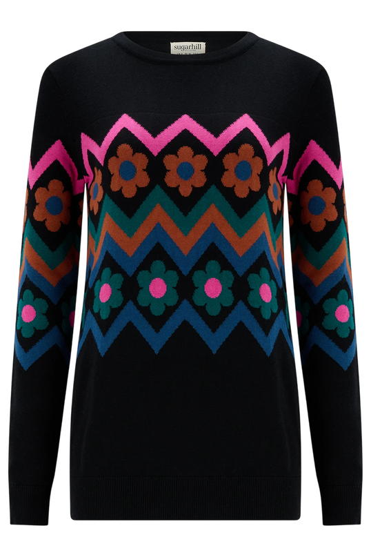 SUGARHILL BRIGHTON RITA JUMPER, BLACK FLOWER CHEVRON