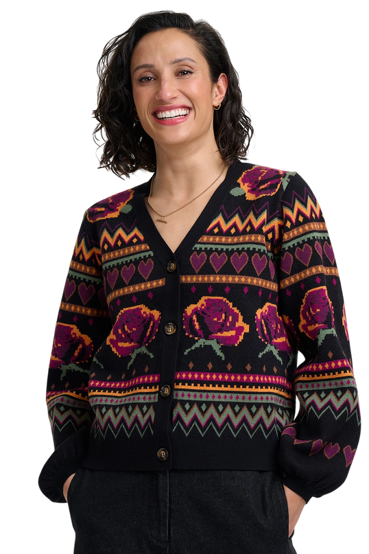 SUGARHILL BRIGHTON ADRIAN CARDIGAN, BLACK WILD ROSES