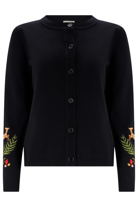 SUGARHILL BRIGHTON KAMILA CARDIGAN, BLACK WOODLAND EMBROIDERY