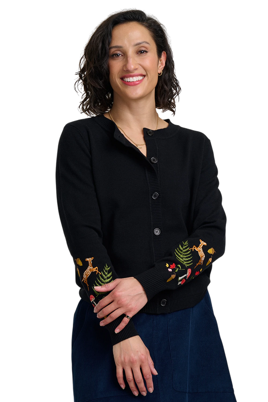 SUGARHILL BRIGHTON KAMILA CARDIGAN, BLACK WOODLAND EMBROIDERY