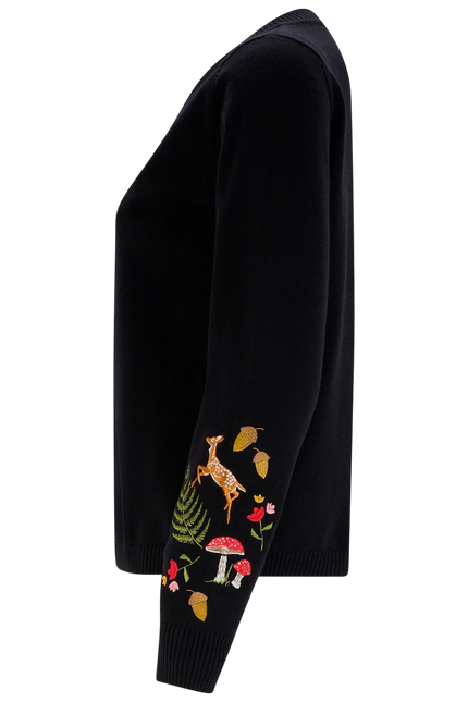 SUGARHILL BRIGHTON KAMILA CARDIGAN, BLACK WOODLAND EMBROIDERY