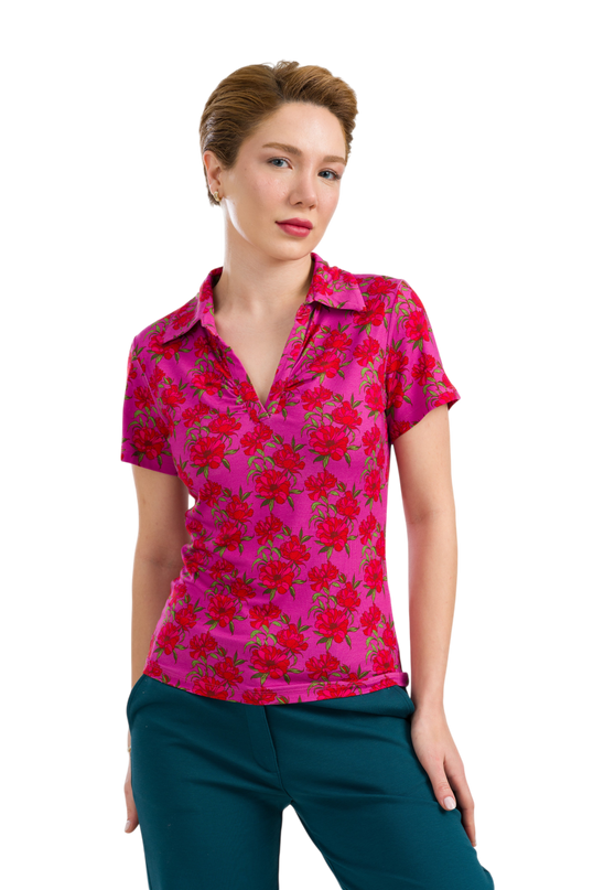 Suzy Top Short Sleeve - Fuchsia Flowers