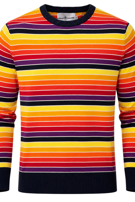 MADCAP ENGLAND SUNDOWN RETRO 90S STRIPED JUMPER , NAVY/AMARANTH PURPLE
