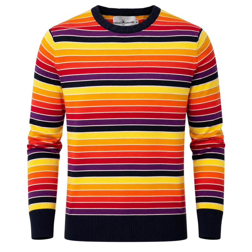 MADCAP ENGLAND SUNDOWN RETRO 90S STRIPED JUMPER , NAVY/AMARANTH PURPLE