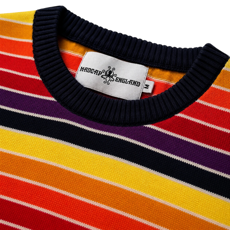 MADCAP ENGLAND SUNDOWN RETRO 90S STRIPED JUMPER , NAVY/AMARANTH PURPLE