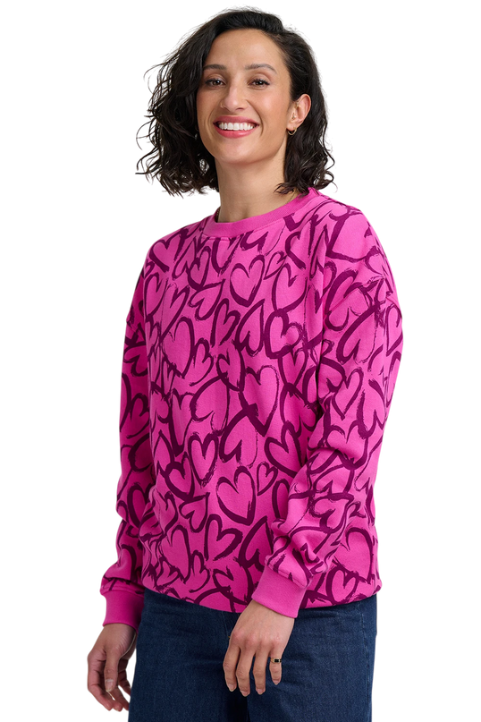 SUGARHILL BRIGHTON EADIE RELAXED SWEATSHIRT, MAGENTA PAINTED HEARTS