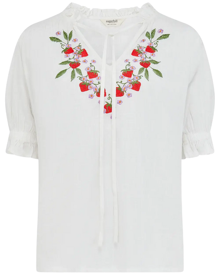 SUGAR HILL BRIGHTON Angelique Shirred Top Off White, Wild Strawberry