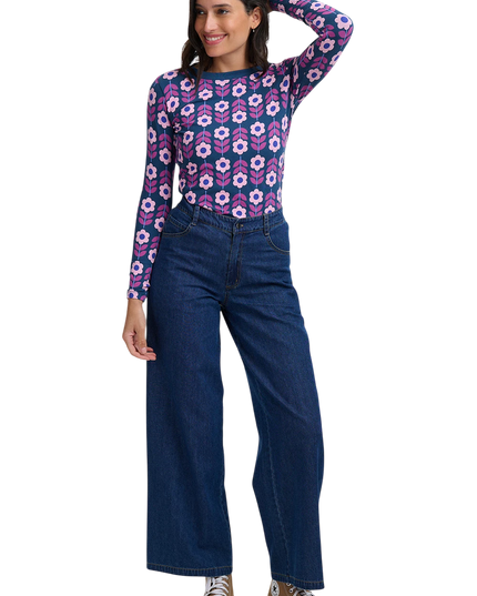 Sugarhill Brighton Josie Jersey Top, teal roundabout retro floral