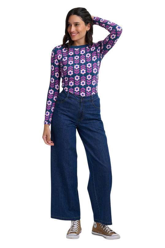 SUGARHILL BRIGHTON JOSIE JERSEY TOP, TEAL ROUNDABOUT RETRO FLORAL