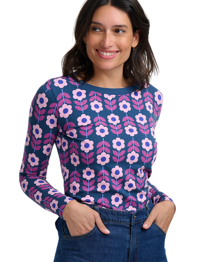 Sugarhill Brighton Josie Jersey Top, teal roundabout retro floral