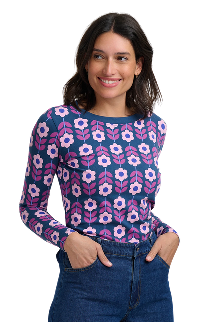 SUGARHILL BRIGHTON JOSIE JERSEY TOP, TEAL ROUNDABOUT RETRO FLORAL