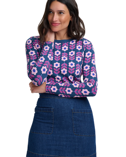 Sugarhill Brighton Josie Jersey Top, teal roundabout retro floral