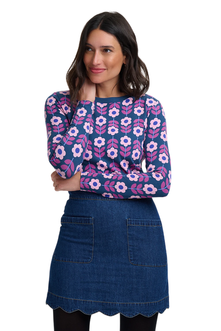 SUGARHILL BRIGHTON JOSIE JERSEY TOP, TEAL ROUNDABOUT RETRO FLORAL