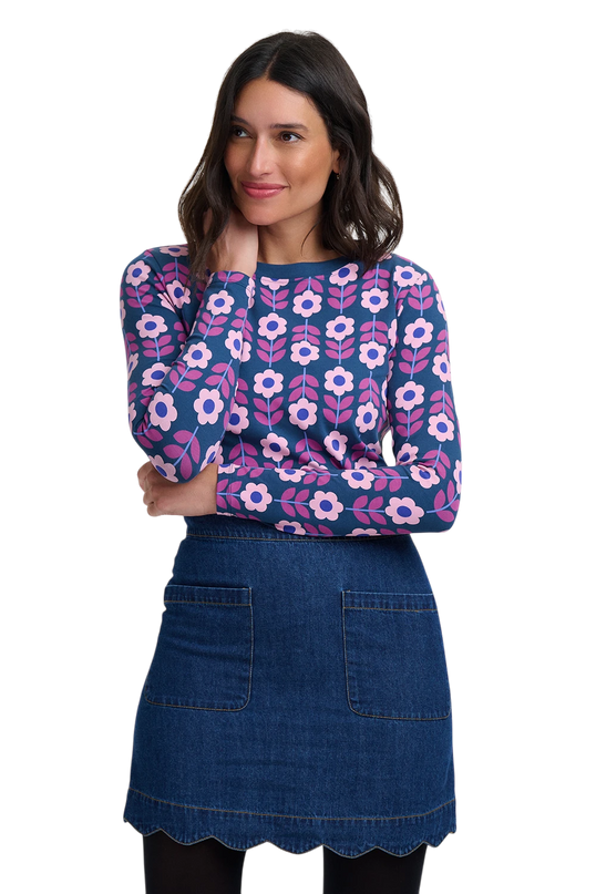 SUGARHILL BRIGHTON JOSIE JERSEY TOP, TEAL ROUNDABOUT RETRO FLORAL