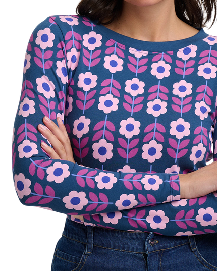 Sugarhill Brighton Josie Jersey Top, teal roundabout retro floral