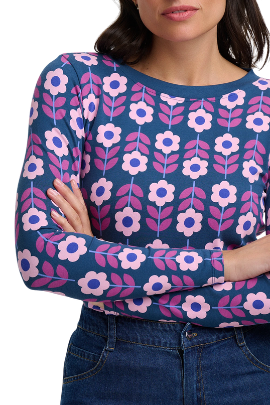 SUGARHILL BRIGHTON JOSIE JERSEY TOP, TEAL ROUNDABOUT RETRO FLORAL
