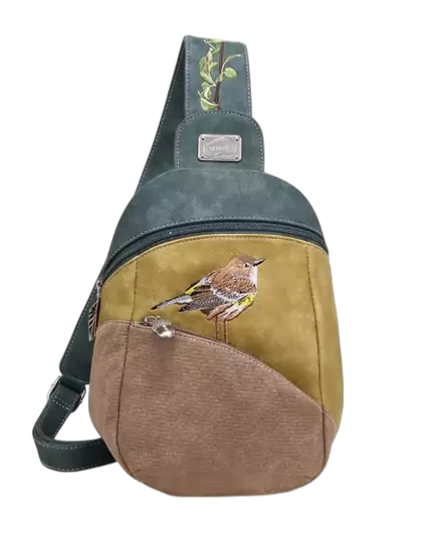 rugzak, slingbag "Tjirp", d.blauw/ geel/ bruin