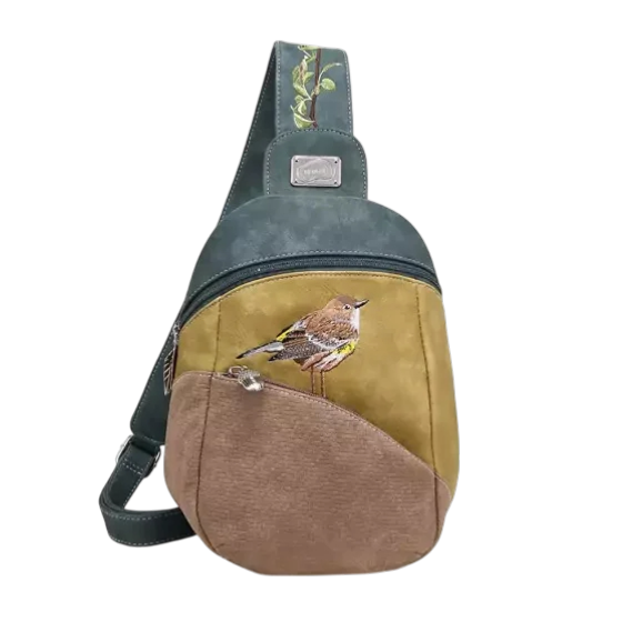 rugzak, slingbag "Tjirp", d.blauw/ geel/ bruin