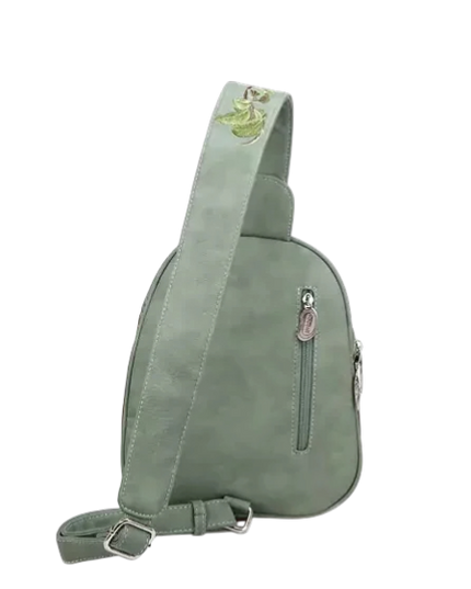 rugzak, slingbag "Tjirp", groen/ cognac/ paars