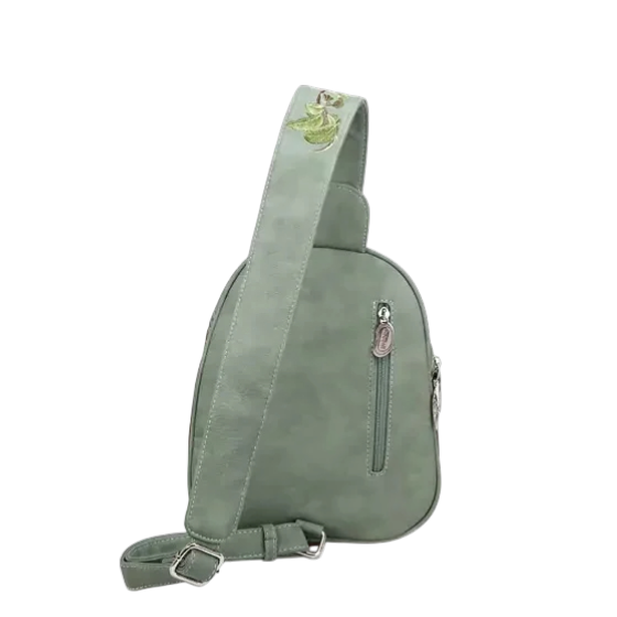 rugzak, slingbag "Tjirp", groen/ cognac/ paars