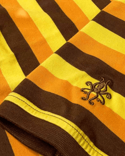 Beatwave Retro 70s Surf Stribet T-shirt i Orange/Gul/Brun