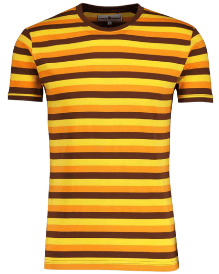 Beatwave Retro 70s Surf Stribet T-shirt i Orange/Gul/Brun