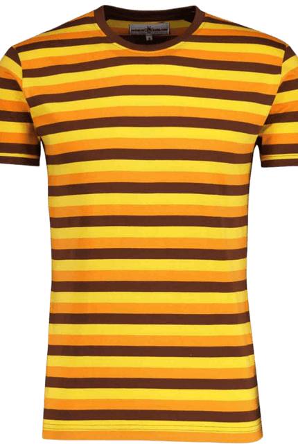 MADCAP Beatwave Retro 70s Surf Stripe T-shirt in Orange/Yellow/Brown