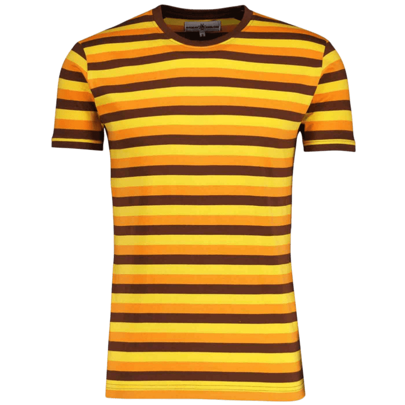T-shirt Beatwave Retro anni '70 a righe surf in Arancione/Giallo/Marrone