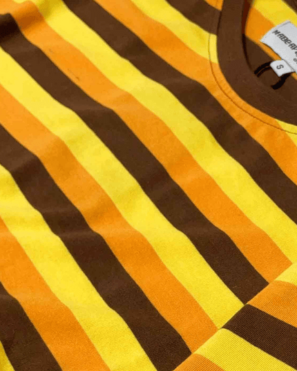 Beatwave Retro 70s Surf Stribet T-shirt i Orange/Gul/Brun