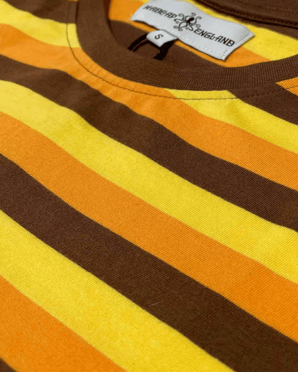 Beatwave Retro 70s Surf Stribet T-shirt i Orange/Gul/Brun