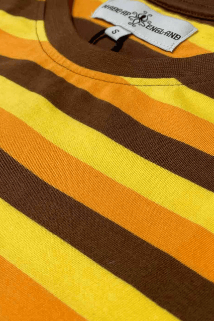 MADCAP Beatwave Retro 70s Surf Stripe T-shirt in Orange/Yellow/Brown