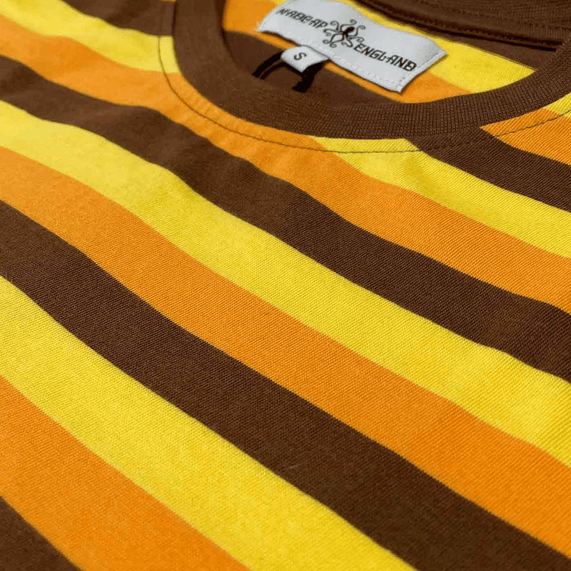 T-shirt Beatwave Retro anni '70 a righe surf in Arancione/Giallo/Marrone