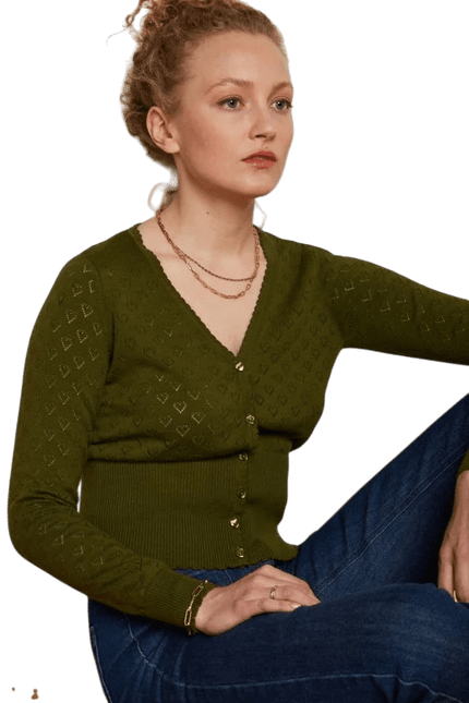 King Louie Cardigan V Cœur Ajour Vert Olive