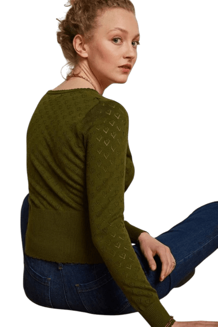 King Louie Cardigan V Cœur Ajour Vert Olive