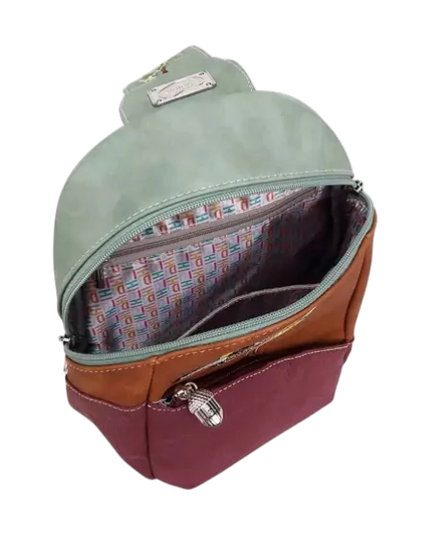 rugzak, slingbag "Tjirp", groen/ cognac/ paars