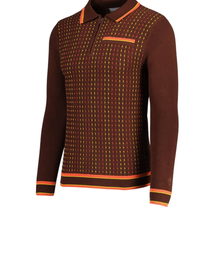 MADCAP COLTRANE mod-inspireret jacquardstrikket poloshirt med tekstureret stregmønster, brun