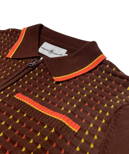 MADCAP COLTRANE mod-inspireret jacquardstrikket poloshirt med tekstureret stregmønster, brun