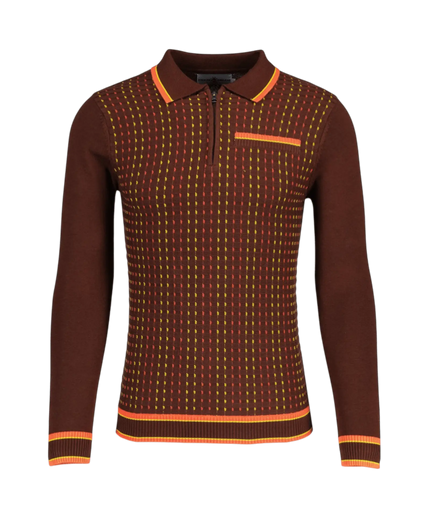 MADCAP COLTRANE mod-inspireret jacquardstrikket poloshirt med tekstureret stregmønster, brun