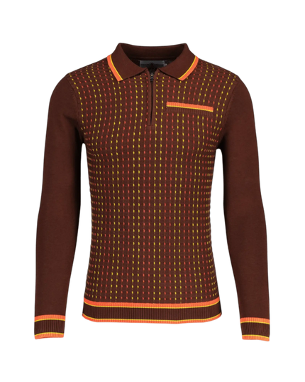 Coltrane Mod Textured Dash Jacquard Knit Polo in Brown