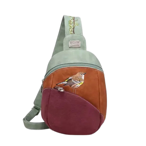 rugzak, slingbag "Tjirp", groen/ cognac/ paars