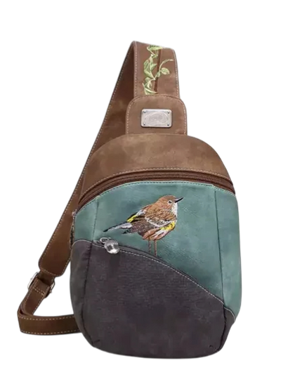 rugzak, slingbag "Tjirp", donkerbruin/ aqua/ donkergrijs