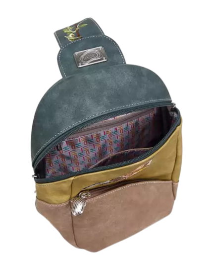 rugzak, slingbag "Tjirp", d.blauw/ geel/ bruin