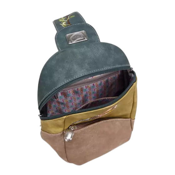 rugzak, slingbag "Tjirp", d.blauw/ geel/ bruin