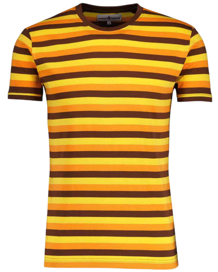 Beatwave Retro 70s Surf Stripe T-shirt in Orange/Yellow/Brown