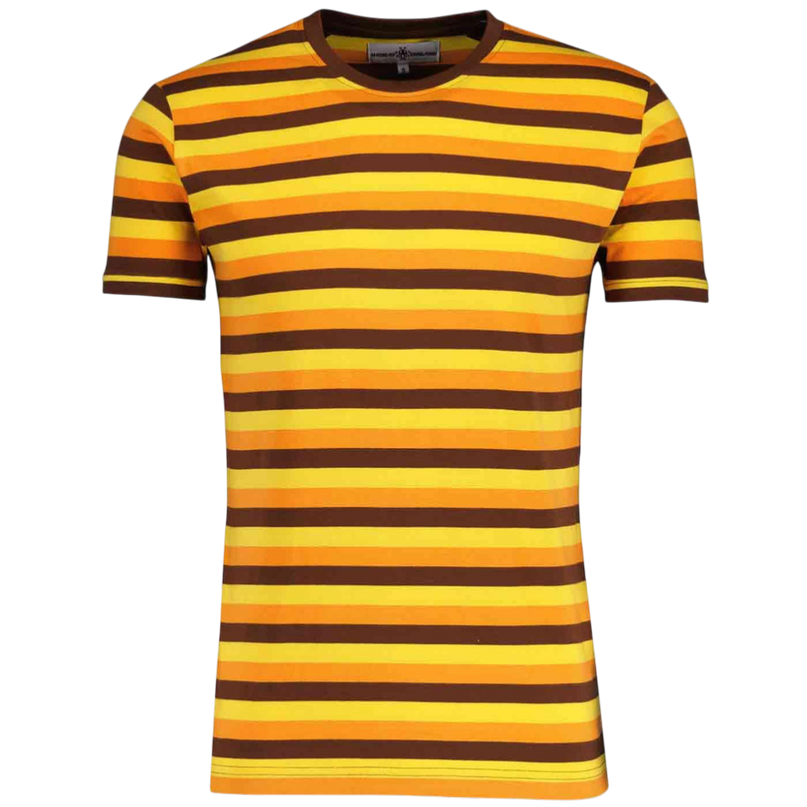 Beatwave Retro 70s Surf Stripe T-shirt in Orange/Yellow/Brown